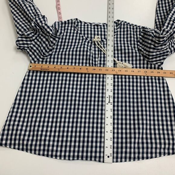 Splendid Blouse Womens L Large Navy Gingham Check Ruffled Sleeve Tassel Tie Top - Picture 8 of 13